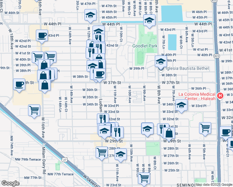 map of restaurants, bars, coffee shops, grocery stores, and more near 3501 West 11th Avenue in Hialeah