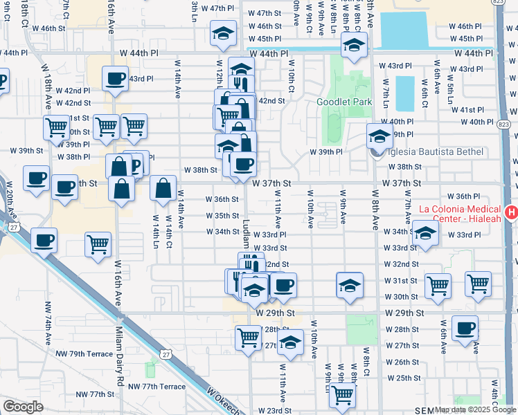 map of restaurants, bars, coffee shops, grocery stores, and more near 1169-1199 West 35th Place in Hialeah