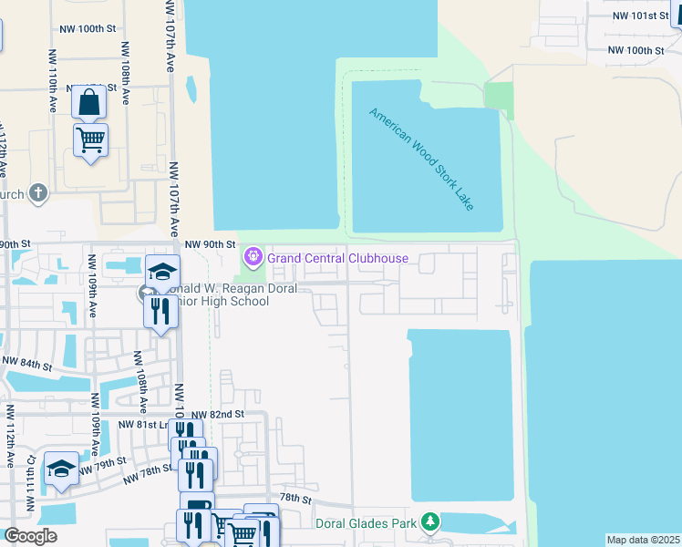 map of restaurants, bars, coffee shops, grocery stores, and more near 8826 Northwest 101st Place in Doral