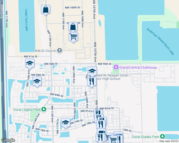 map of restaurants, bars, coffee shops, grocery stores, and more near 8900 Northwest 107th Court in Doral