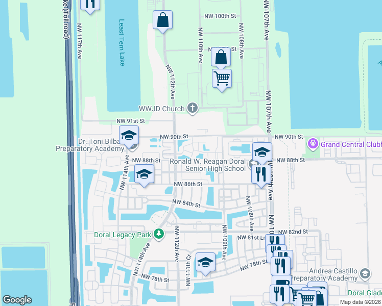 map of restaurants, bars, coffee shops, grocery stores, and more near 8840 Northwest 111th Avenue in Doral
