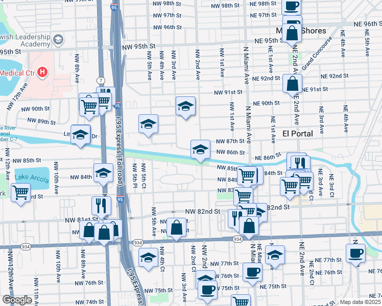 map of restaurants, bars, coffee shops, grocery stores, and more near 234 Northwest 86th Street in El Portal