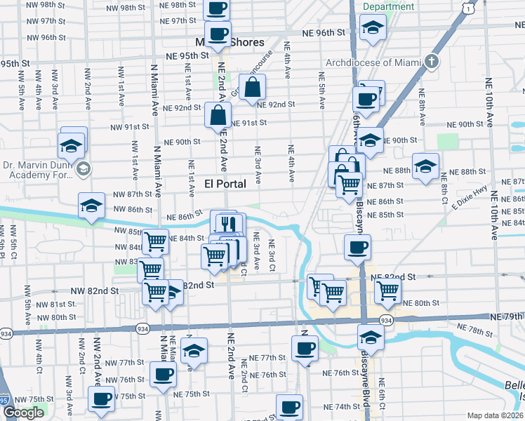 map of restaurants, bars, coffee shops, grocery stores, and more near 268 Northeast 85th Street in El Portal
