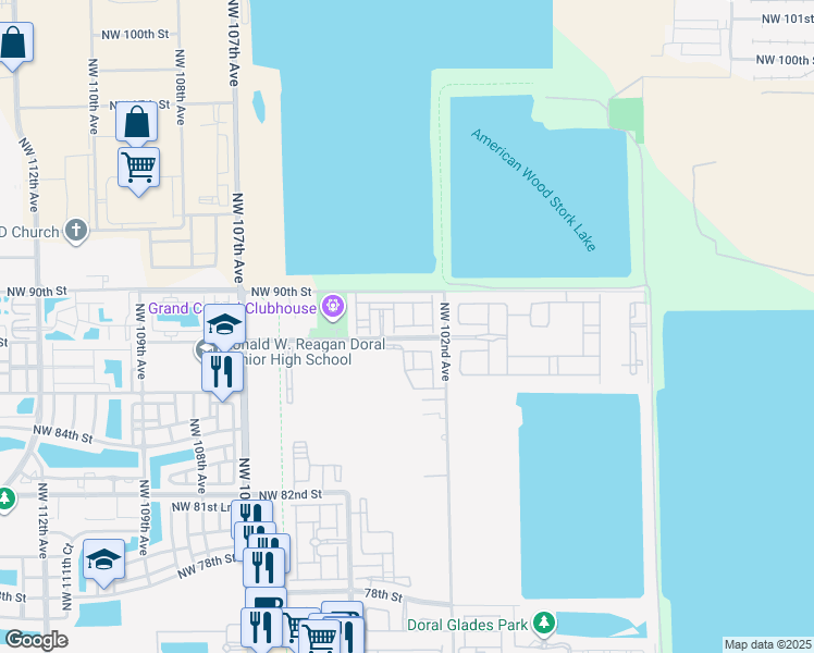 map of restaurants, bars, coffee shops, grocery stores, and more near 10274 Northwest 88th Terrace in Doral