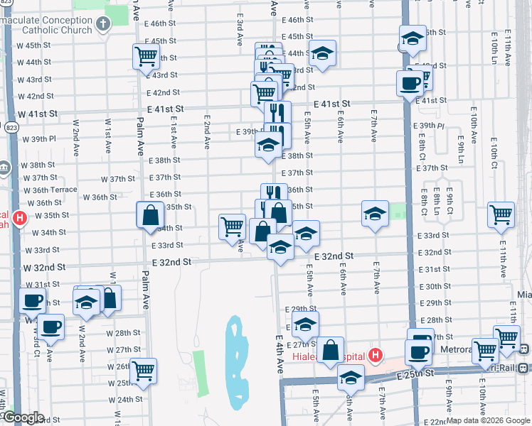 map of restaurants, bars, coffee shops, grocery stores, and more near 338 East 35th Street in Hialeah