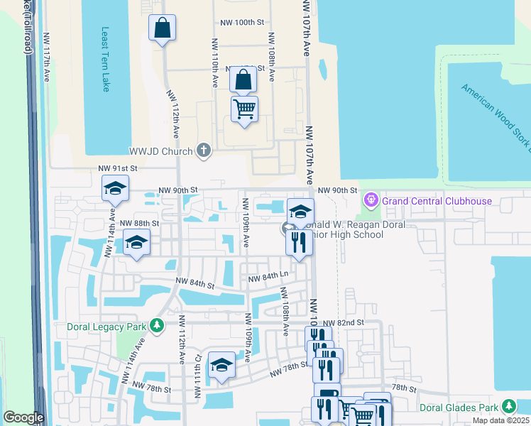 map of restaurants, bars, coffee shops, grocery stores, and more near 10855 Northwest 88th Terrace in Doral