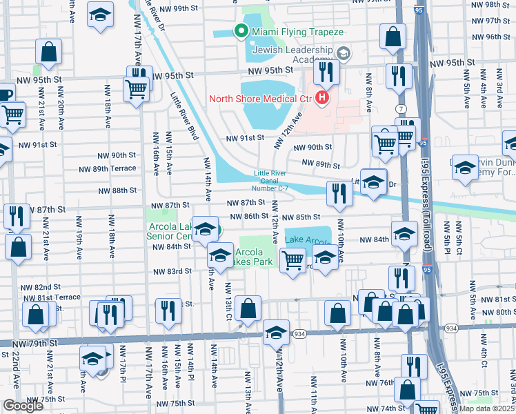 map of restaurants, bars, coffee shops, grocery stores, and more near 1250 Northwest 87th Street in Miami
