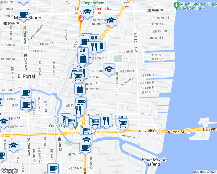 map of restaurants, bars, coffee shops, grocery stores, and more near 795 Northeast 85th Street in Miami