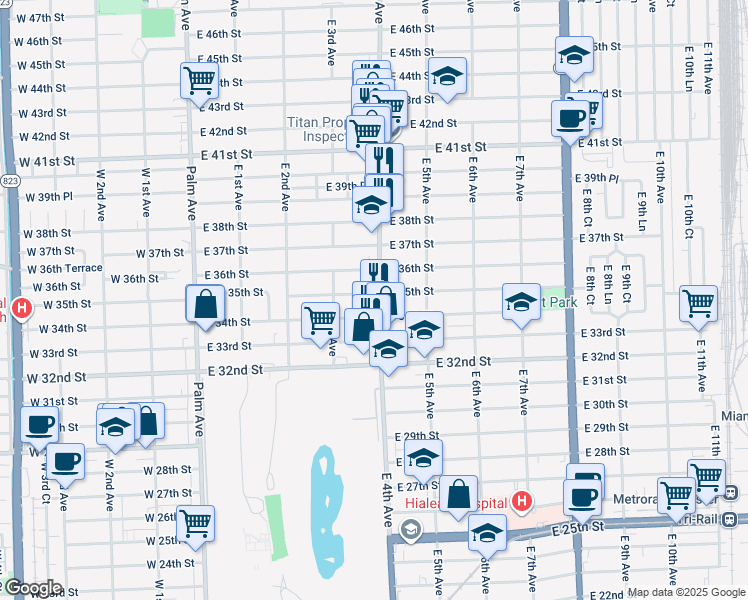 map of restaurants, bars, coffee shops, grocery stores, and more near 338 East 35th Street in Hialeah