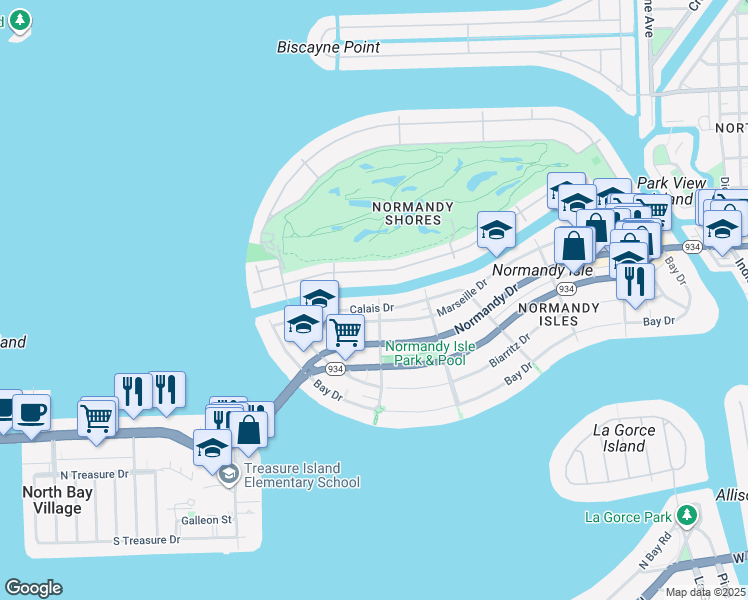 map of restaurants, bars, coffee shops, grocery stores, and more near 1915 Calais Drive in Miami Beach
