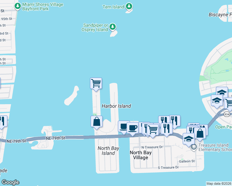 map of restaurants, bars, coffee shops, grocery stores, and more near 7945 East Drive in North Bay Village