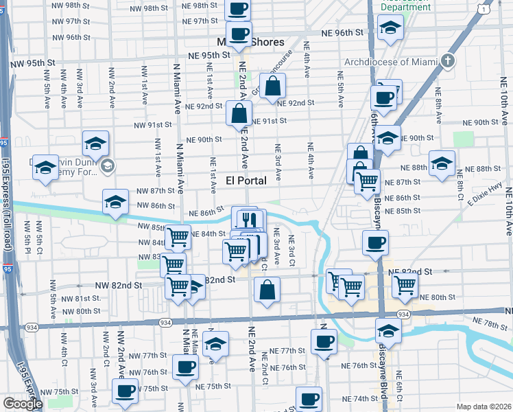 map of restaurants, bars, coffee shops, grocery stores, and more near 8555 Northeast 2nd Avenue in El Portal