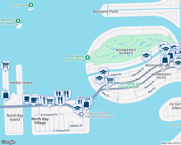map of restaurants, bars, coffee shops, grocery stores, and more near 1040 South Shore Drive in Miami