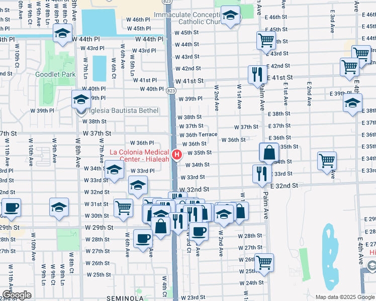 map of restaurants, bars, coffee shops, grocery stores, and more near 341 West 35th Street in Hialeah