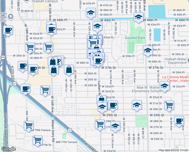 map of restaurants, bars, coffee shops, grocery stores, and more near 1225 West 35th Street in Hialeah