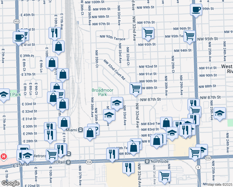 map of restaurants, bars, coffee shops, grocery stores, and more near 3355 Northwest 87th Terrace in Miami