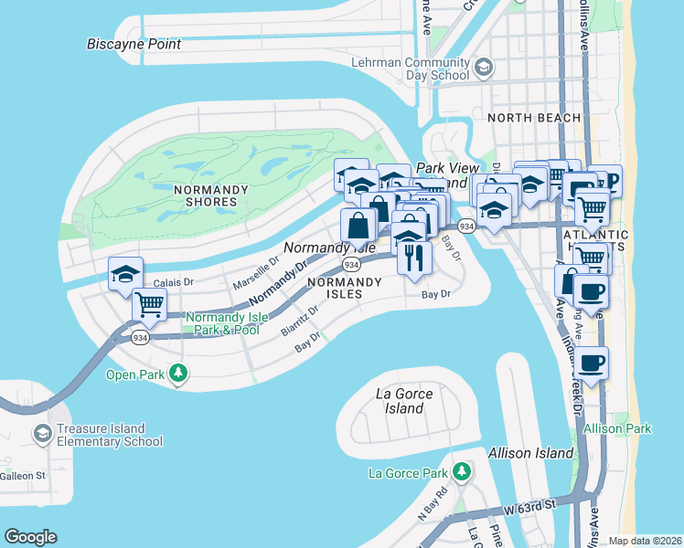 map of restaurants, bars, coffee shops, grocery stores, and more near 1330 Florida 934 in Miami Beach