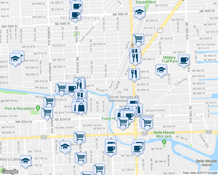 map of restaurants, bars, coffee shops, grocery stores, and more near 401 Northeast 85th Street in El Portal