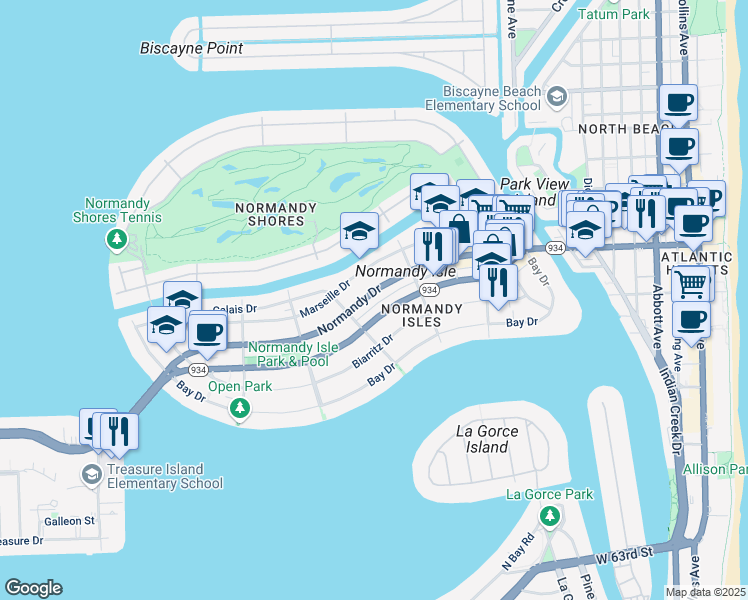 map of restaurants, bars, coffee shops, grocery stores, and more near 1406 Normandy Drive in Miami Beach