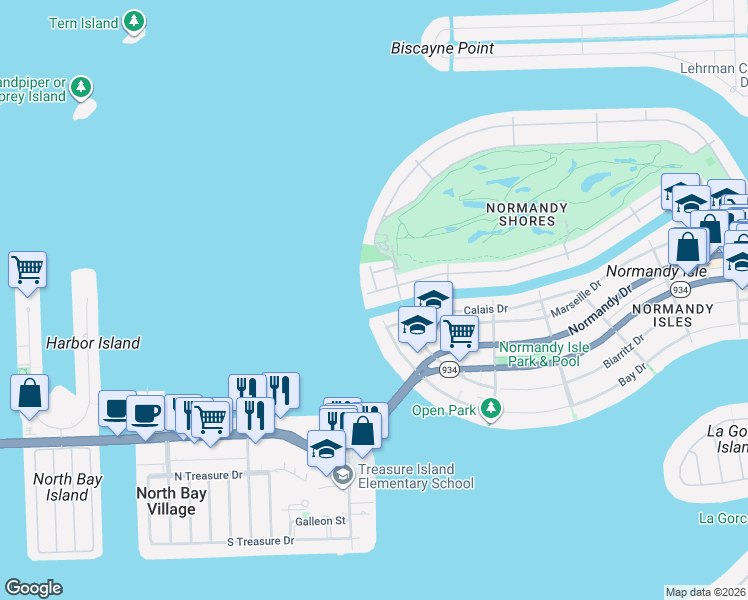 map of restaurants, bars, coffee shops, grocery stores, and more near 1040 South Shore Drive in Miami