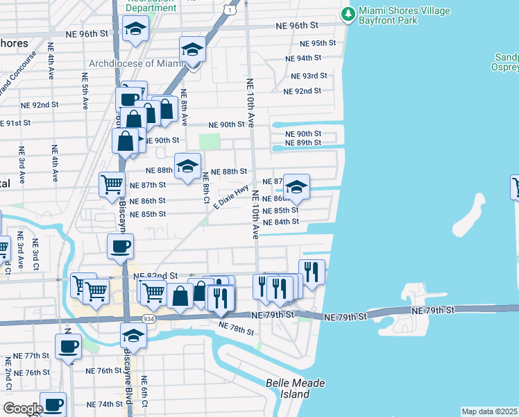 map of restaurants, bars, coffee shops, grocery stores, and more near 8501 Northeast 10th Avenue in Miami