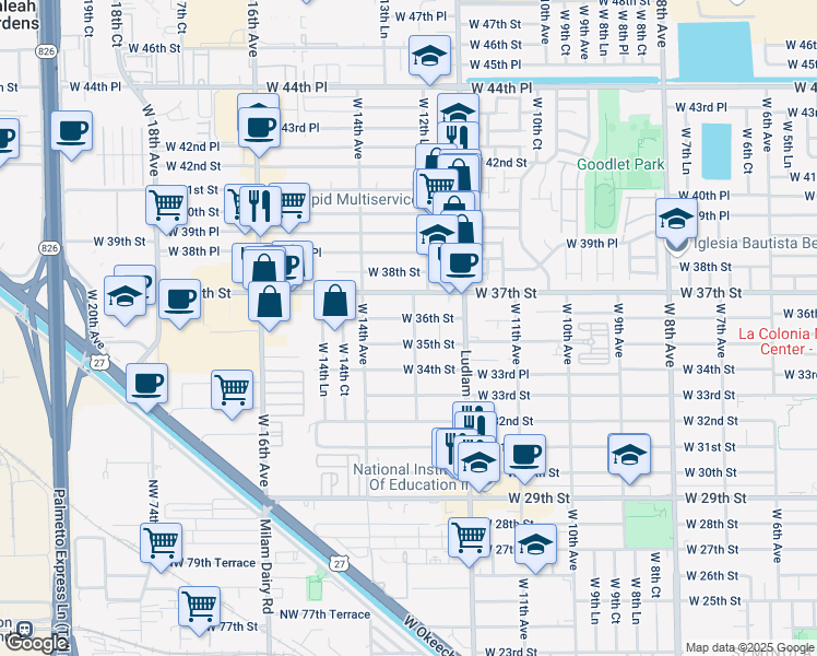 map of restaurants, bars, coffee shops, grocery stores, and more near 3560 West 13th Avenue in Hialeah
