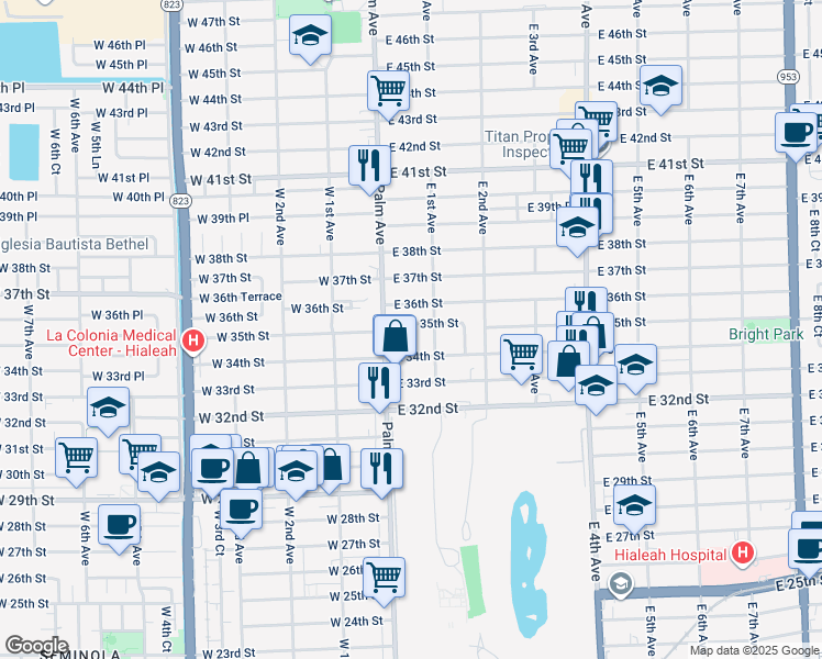 map of restaurants, bars, coffee shops, grocery stores, and more near 50 East 35th Street in Hialeah