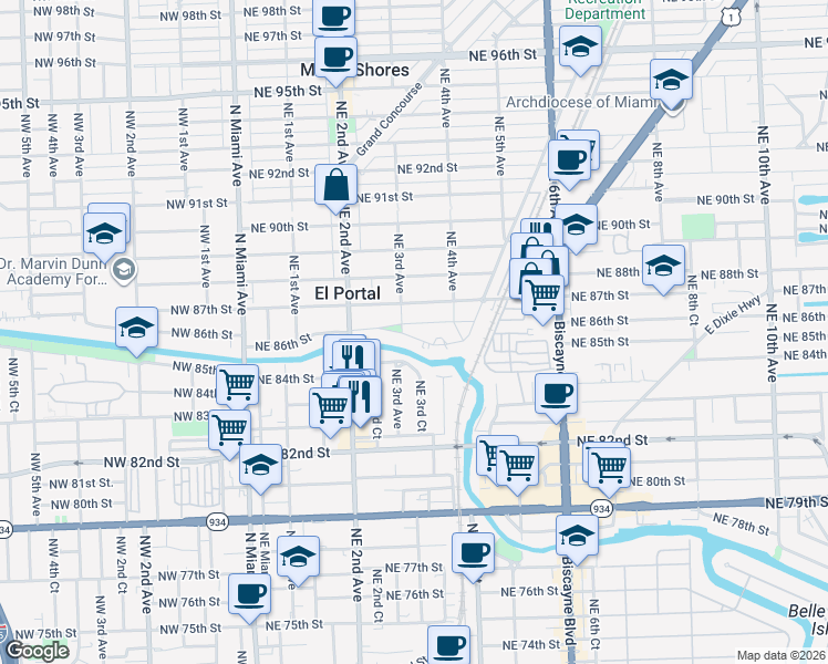 map of restaurants, bars, coffee shops, grocery stores, and more near 345 Northeast 85th Street in El Portal