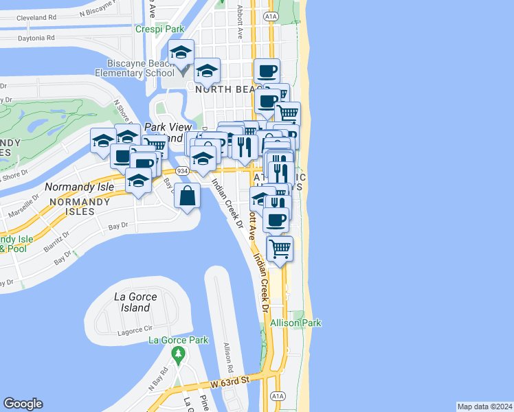 map of restaurants, bars, coffee shops, grocery stores, and more near 6890 Abbott Avenue in Miami Beach