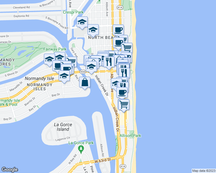 map of restaurants, bars, coffee shops, grocery stores, and more near 6890 Abbott Avenue in Miami Beach