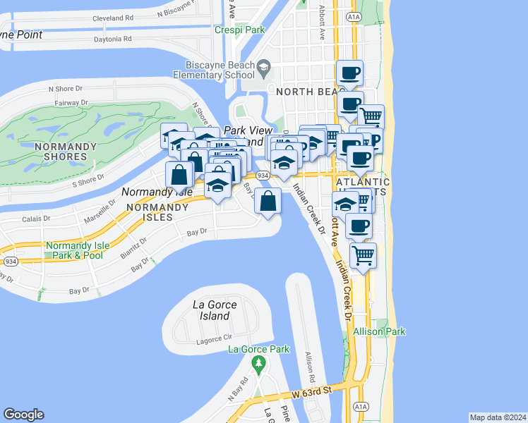 map of restaurants, bars, coffee shops, grocery stores, and more near 900 Bay Drive in Miami Beach