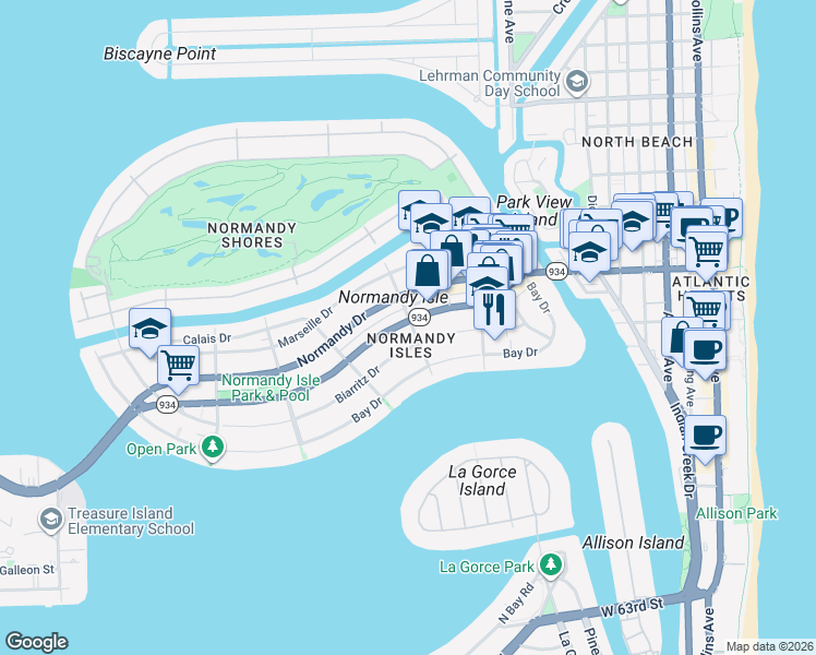 map of restaurants, bars, coffee shops, grocery stores, and more near 1330 Florida 934 in Miami Beach