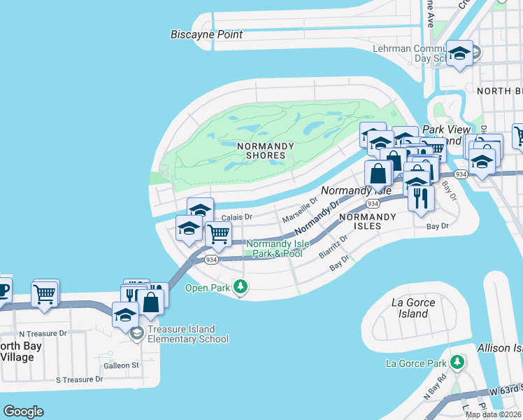map of restaurants, bars, coffee shops, grocery stores, and more near 1745 Calais Drive in Miami Beach