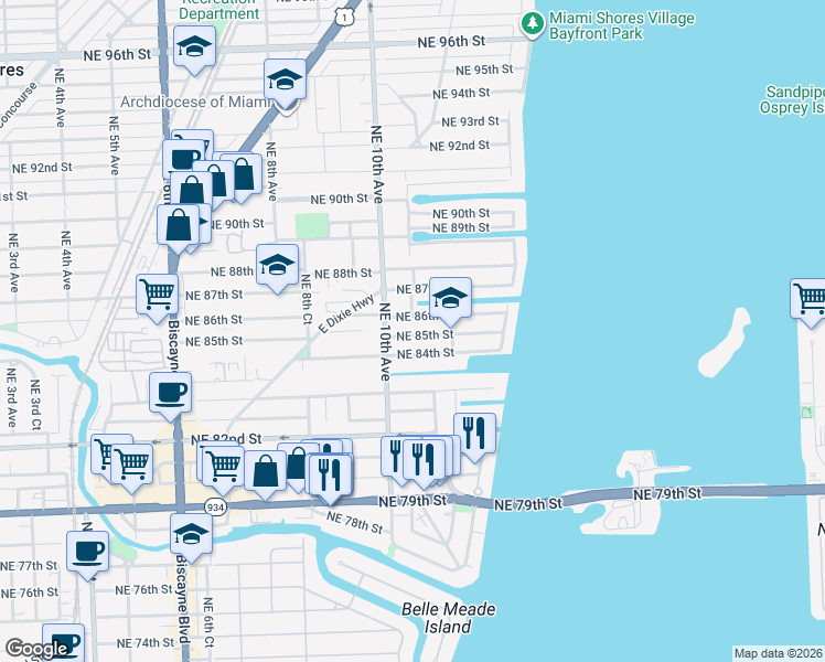 map of restaurants, bars, coffee shops, grocery stores, and more near 1081 Northeast 85th Street in Miami