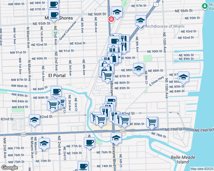 map of restaurants, bars, coffee shops, grocery stores, and more near in Miami