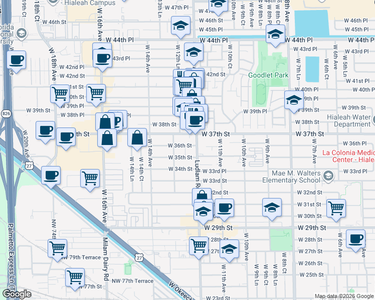 map of restaurants, bars, coffee shops, grocery stores, and more near 1225 West 35th Street in Hialeah