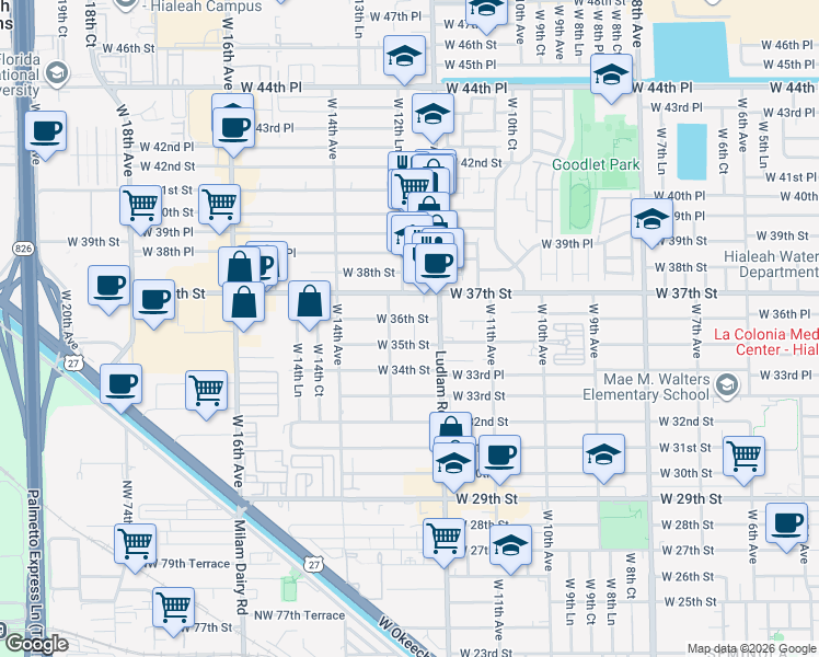 map of restaurants, bars, coffee shops, grocery stores, and more near 1225 West 35th Street in Hialeah