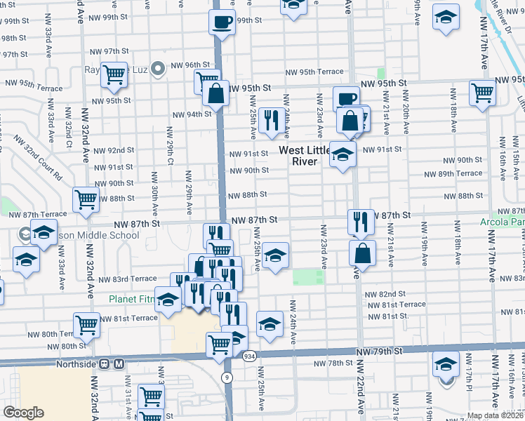 map of restaurants, bars, coffee shops, grocery stores, and more near 2480 Northwest 87th Terrace in Miami