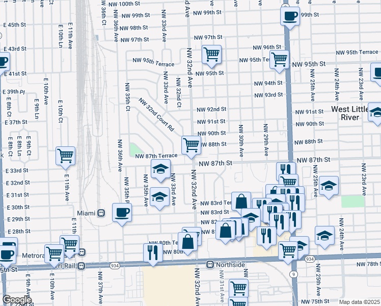 map of restaurants, bars, coffee shops, grocery stores, and more near 8732 Northwest 32nd Avenue in Miami