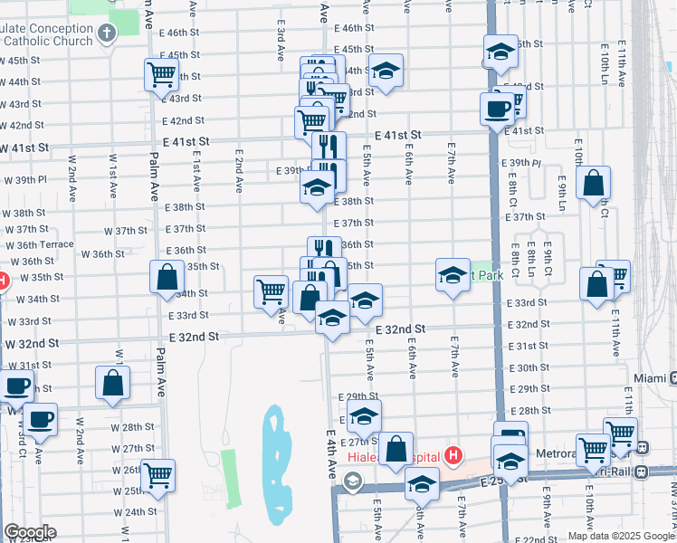 map of restaurants, bars, coffee shops, grocery stores, and more near 422 East 35th Street in Hialeah