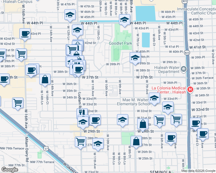 map of restaurants, bars, coffee shops, grocery stores, and more near 3555 West 10th Avenue in Hialeah