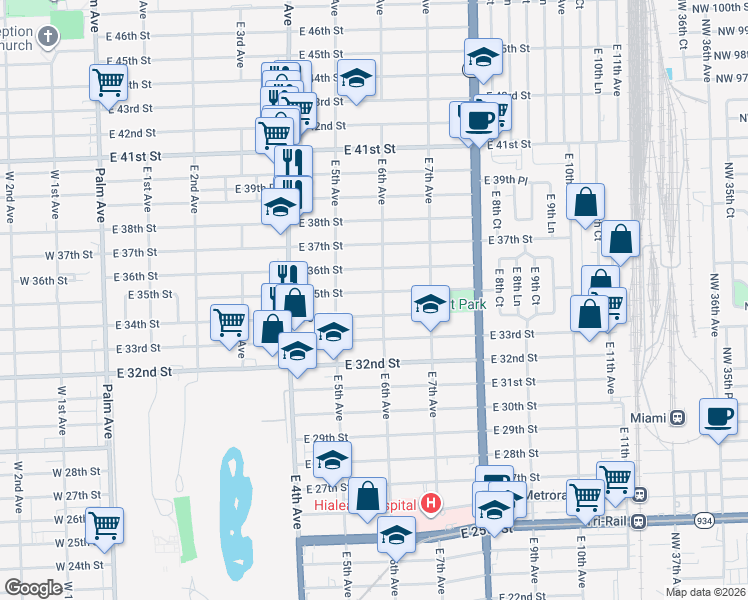 map of restaurants, bars, coffee shops, grocery stores, and more near 580 East 35th Street in Hialeah