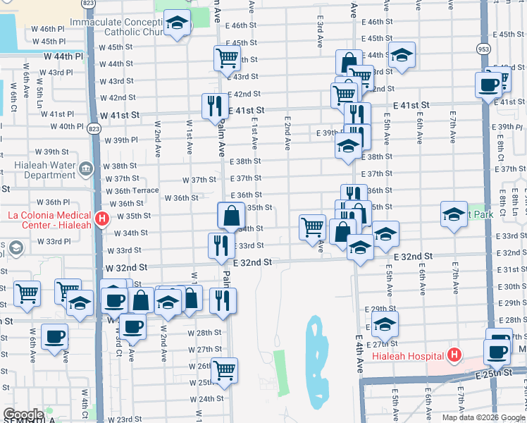 map of restaurants, bars, coffee shops, grocery stores, and more near 140 East 35th Street in Hialeah