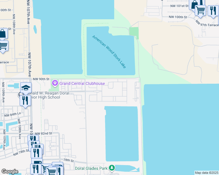 map of restaurants, bars, coffee shops, grocery stores, and more near 8875 Northwest 99th Court in Doral