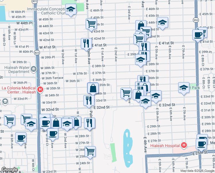 map of restaurants, bars, coffee shops, grocery stores, and more near 140 East 35th Street in Hialeah