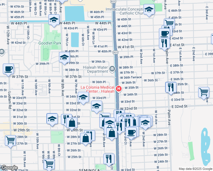 map of restaurants, bars, coffee shops, grocery stores, and more near 471 West 35th Place in Hialeah