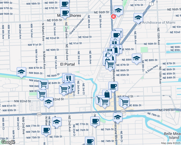 map of restaurants, bars, coffee shops, grocery stores, and more near 401 Northeast 85th Street in El Portal
