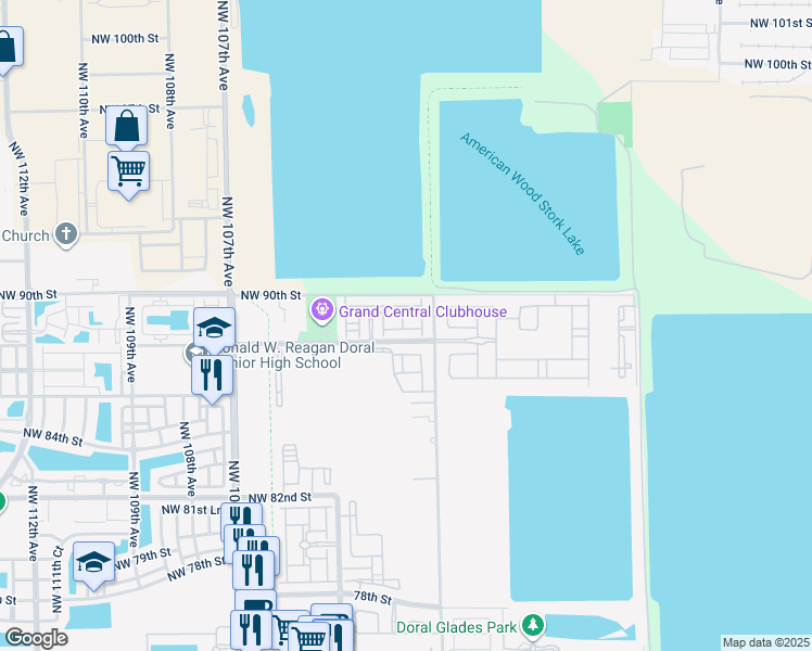 map of restaurants, bars, coffee shops, grocery stores, and more near 8831 Northwest 102nd Place in Doral