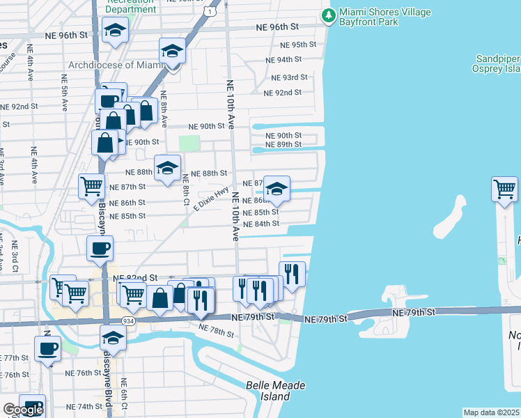 map of restaurants, bars, coffee shops, grocery stores, and more near 1081 Northeast 85th Street in Miami