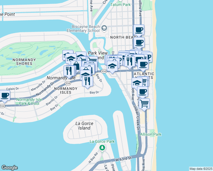 map of restaurants, bars, coffee shops, grocery stores, and more near 900 Bay Drive in Miami Beach